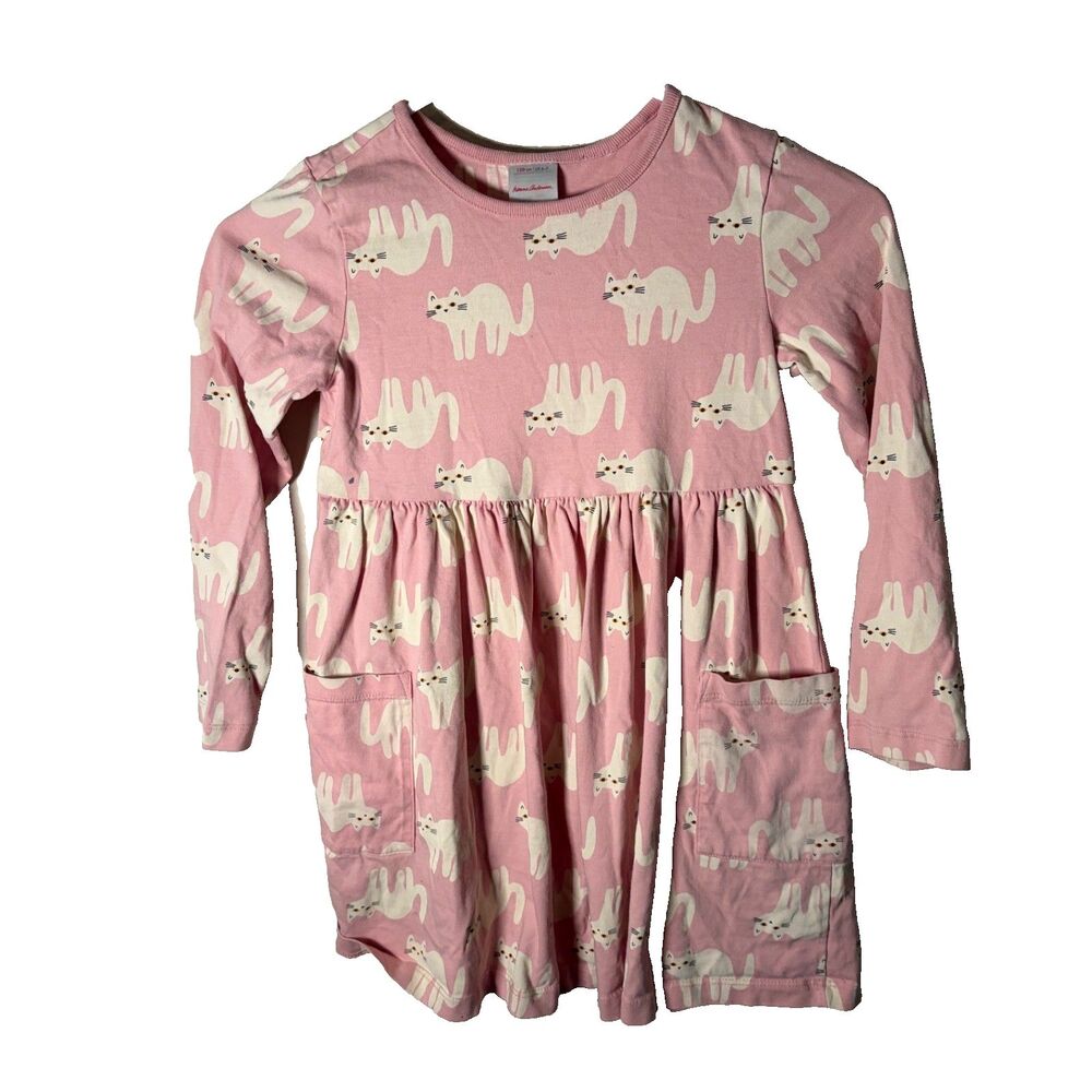 Hanna Andersson Girls 6-7 Dress Cat Long Sleeve Printed Mini Pink Pocket